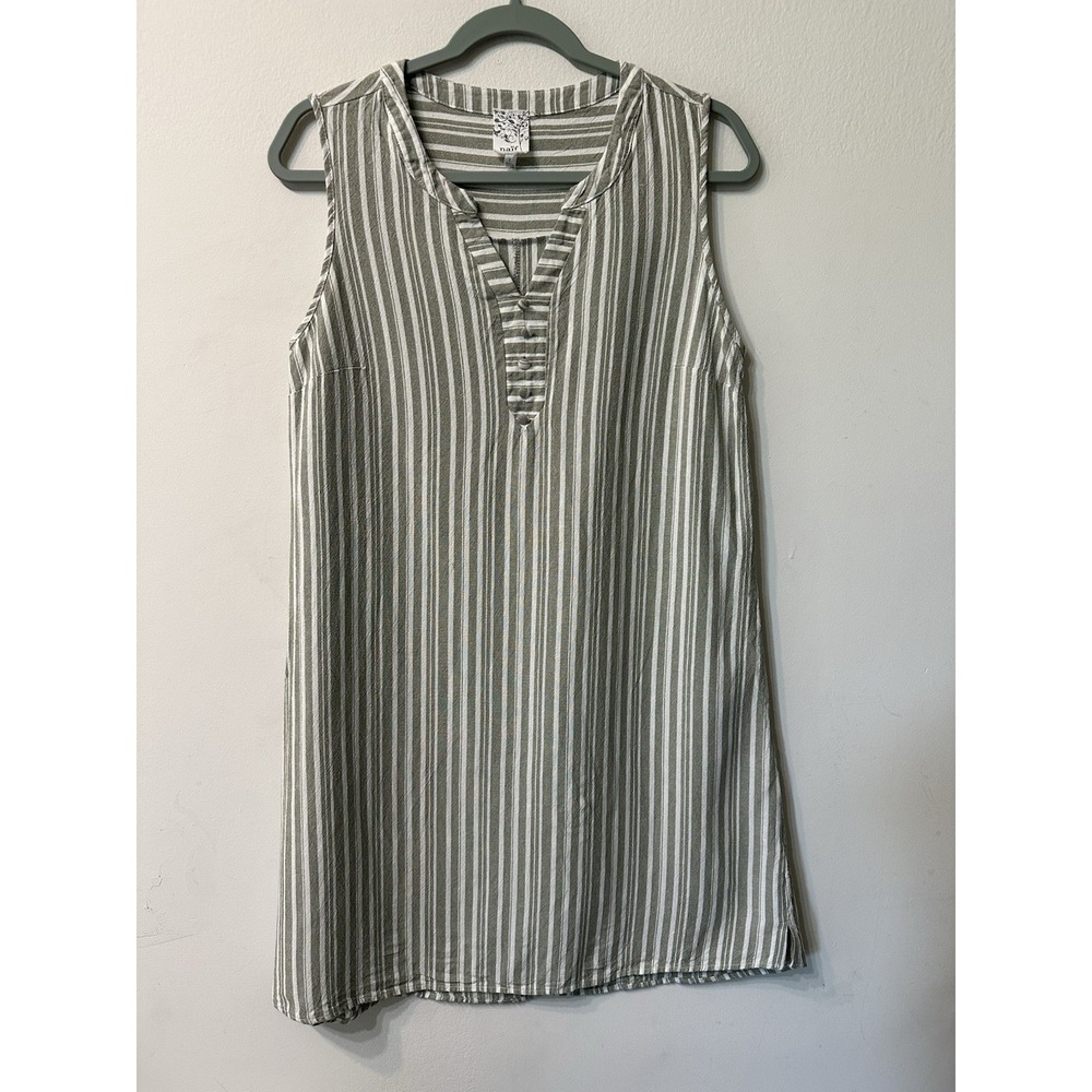 Naif Linen Blend Striped Dress Women Large L Sleeveless Tunic Shift Henley Green